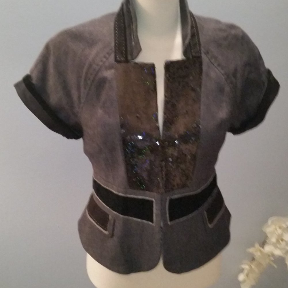 BCBGMaxazria short sleeved dark grey cotton beaded w/velvet trim blazer NWOT